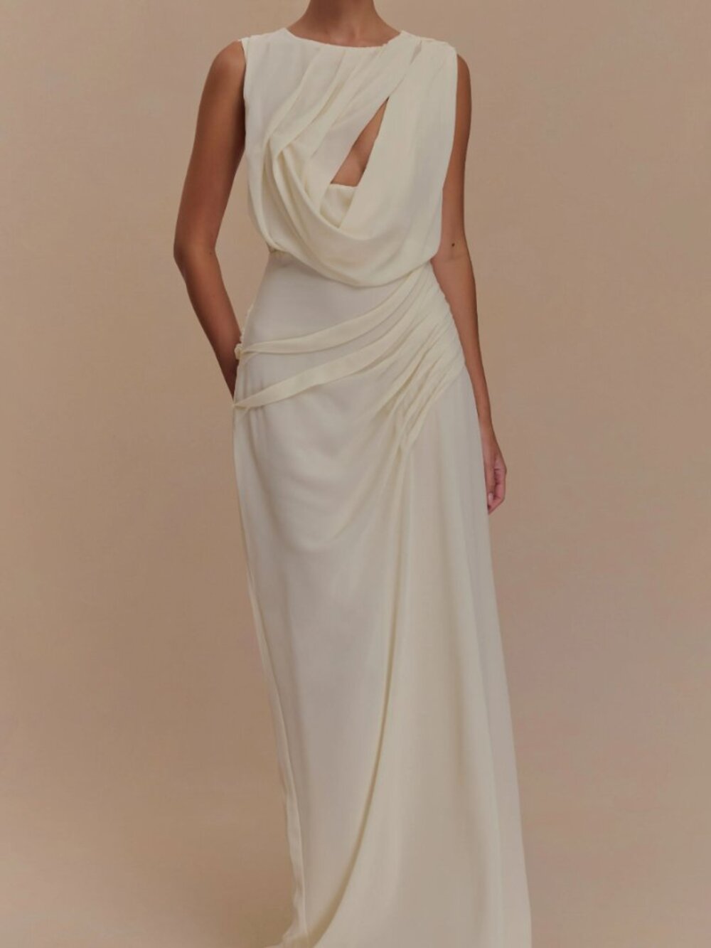 Meshki Oria Cream Draped Chiffon Maxi Dress - Ivory